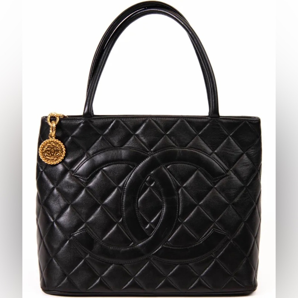 Authentic CHANEL black lambskin gold medallion tote